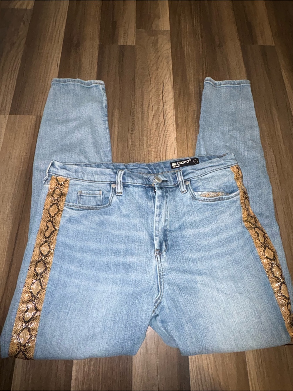 BlankNYC Light Wash Jeans with Snake-Print Side Stripe